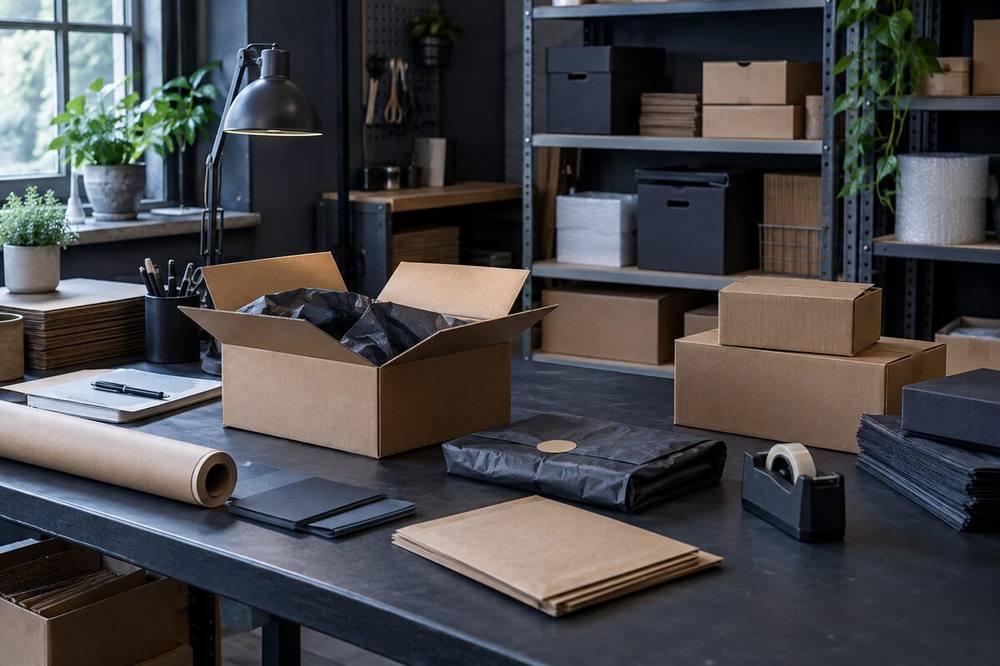 Editorial photo of an organized packing workspace