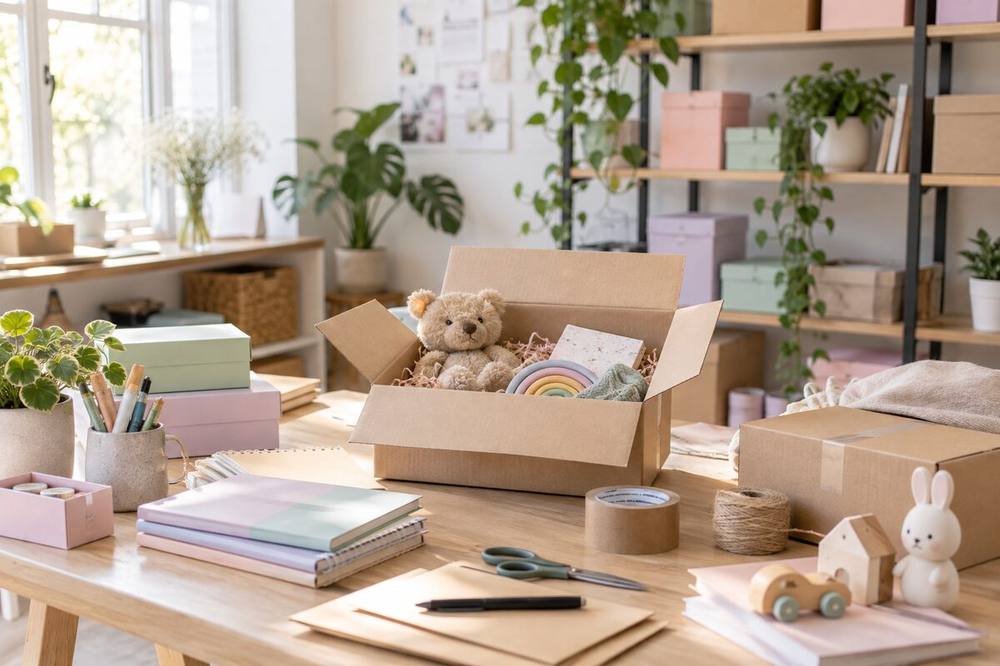 Editorial photo of an organized packing workspace